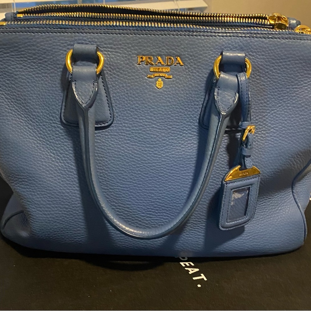 Prada Vitello Daino Large Double Zip Tote Cobalto